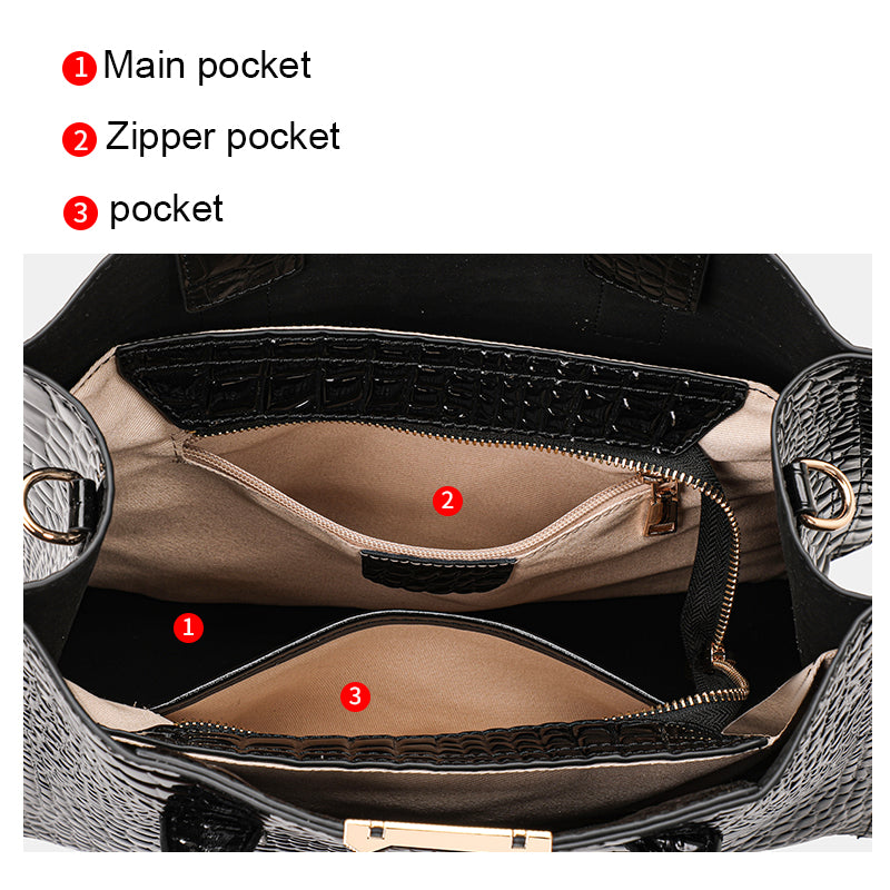 Genuine Cowhide Womens Tote Bag,Gloss Crocodile Embossed Structured Handbag,Detachable Strap Large Capacity Office Crossbody Purse