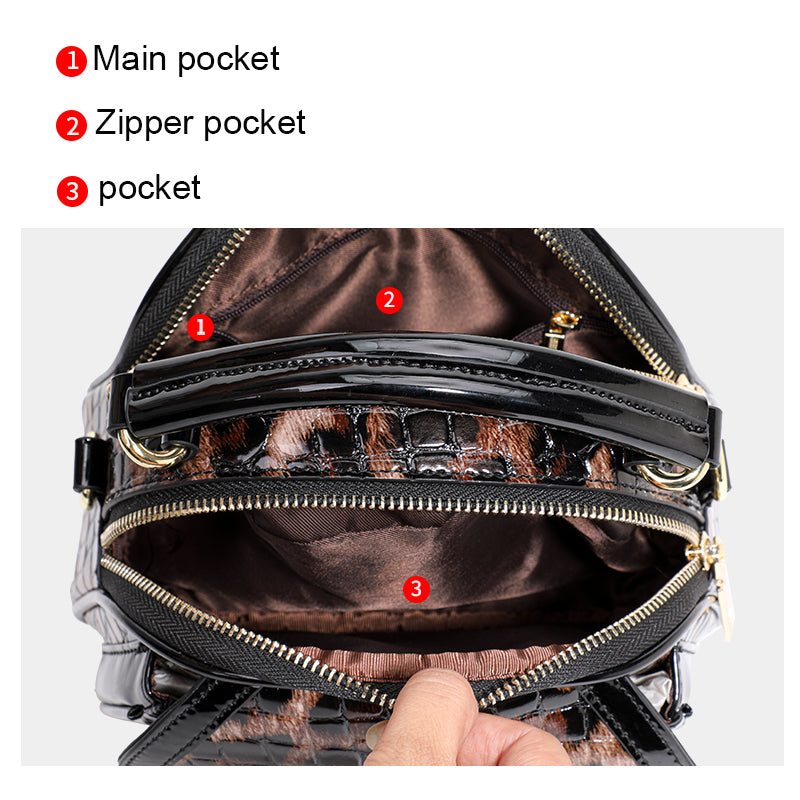 Genuine Cowhide Crocodile Leopard Print Womens Mini Oval Handbag,Glossy Multi Compartment Adjustable Crossbody Shoulder Bag