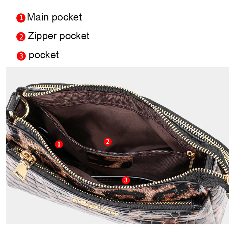 Genuine Cowhide Leopard Croc Embossed Womens Underarm Crossbody Bag,Adjustable Detachable Strap Multi Pocket Vintage Shoulder Purse