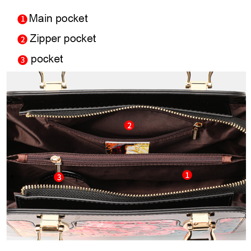 Genuine Cowhide,Glossy Floral Crocodile Grain,Top Handle Satchel Bag,Art Print Women Convertible Handbag,Hand Carry,Cross Shoulder Carry,Daily Commute,Party Travel