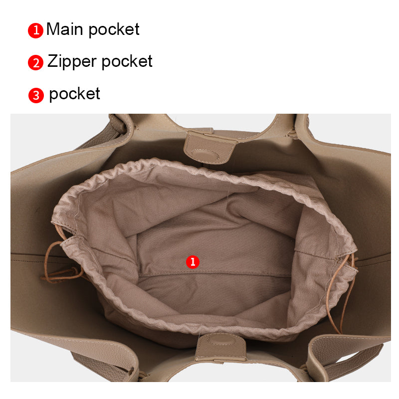 Genuine Cowhide Womens Shoulder Tote Bag,Pebbled Fan Shaped 子母 Purse,Apricot Large Capacity Commute Handbag With Drawstring Inner Pouch