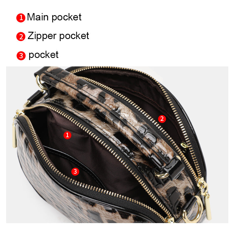 Top Layer Cowhide Women Crossbody Bag,Glossy Croc Leopard Print Mini Oval Camera Bag Adjustable Strap Multi Pocket