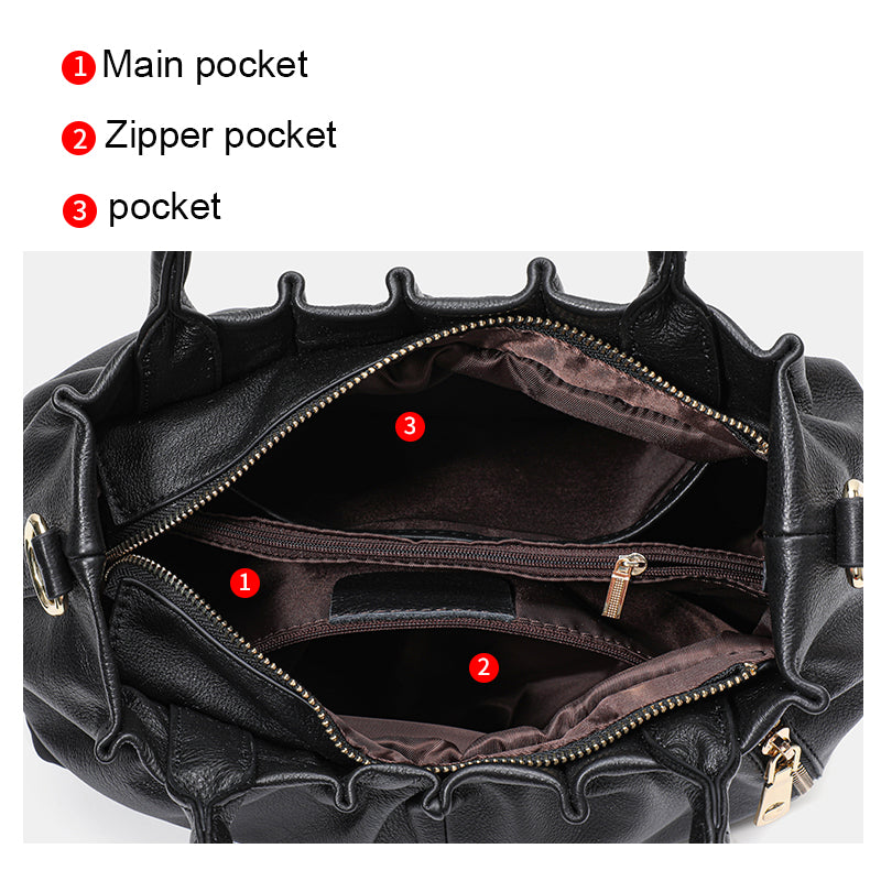 Genuine Cowhide Womens Handbag,Gathered Pebbled Cloud Tote,Detachable Strap Large Capacity Crossbody Purse