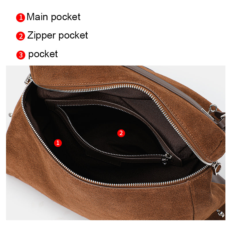 Genuine Suede Cowhide Womens Handheld Bag,Soft Horizontal Tote,Multi Compartment Vintage Daily Shoulder Purse
