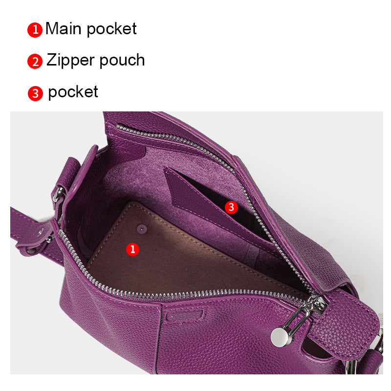 Genuine Cowhide Pebbled Horizontal Hobo Shoulder Bag,Adjustable Strap Extension Magnetic Flap Multi Compartment Womens Two Way Carry Purse