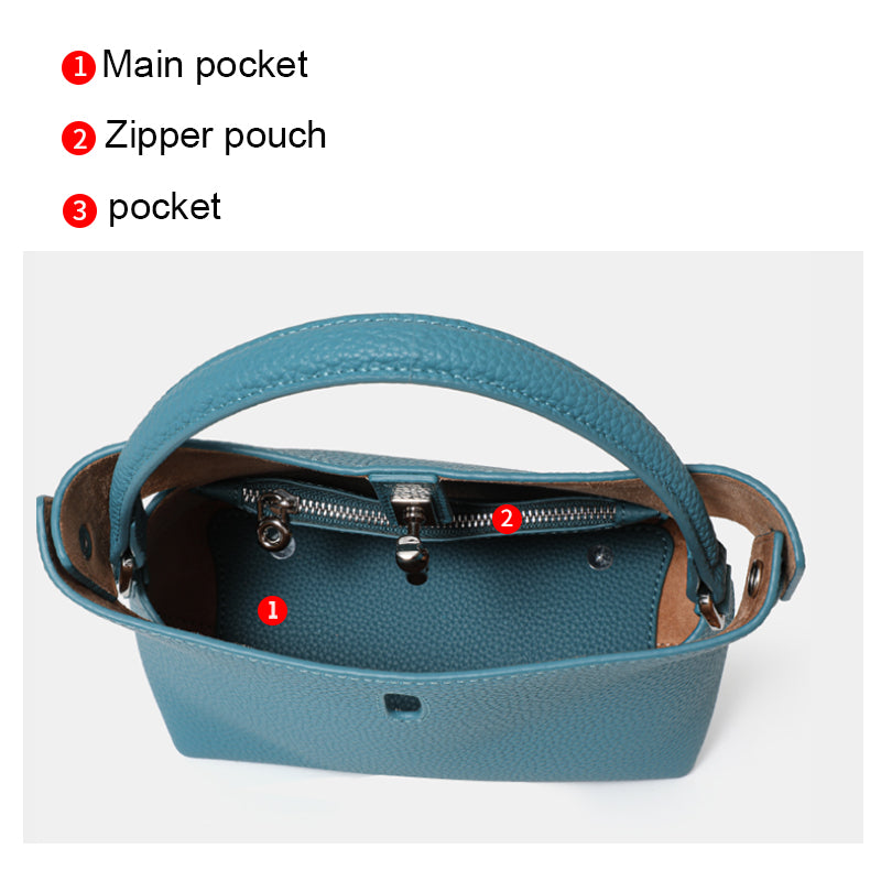 Genuine Cowhide Pebbled Mini Bucket Handbag,Detachable Adjustable Crossbody Strap Twist Lock Multi Compartment Womens Two Way Carry Purse