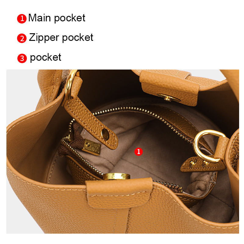 Genuine Cowhide Womens Bucket Handbag,Pebbled Grain Crossbody Purse,Adjustable Strap Mini Bag With Matching Coin Pouch