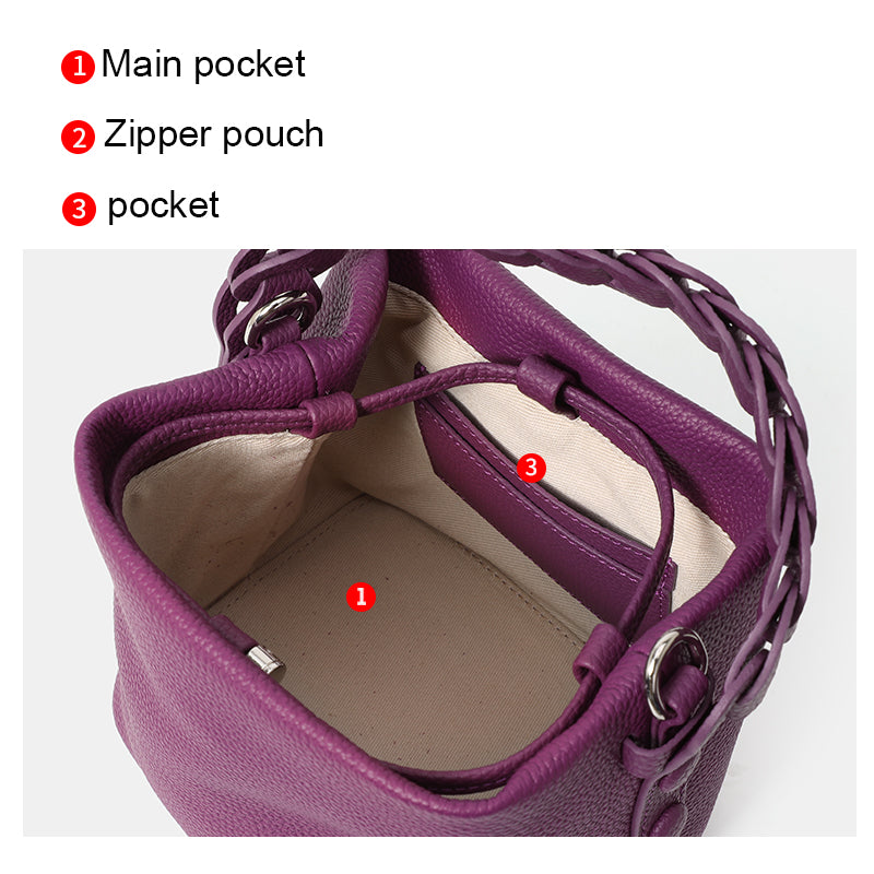 Genuine Cowhide Womens Mini Bucket Bag,Braided Handle Drawstring Crossbody Purse,Pebbled Leather Portable Daily Storage Pouch