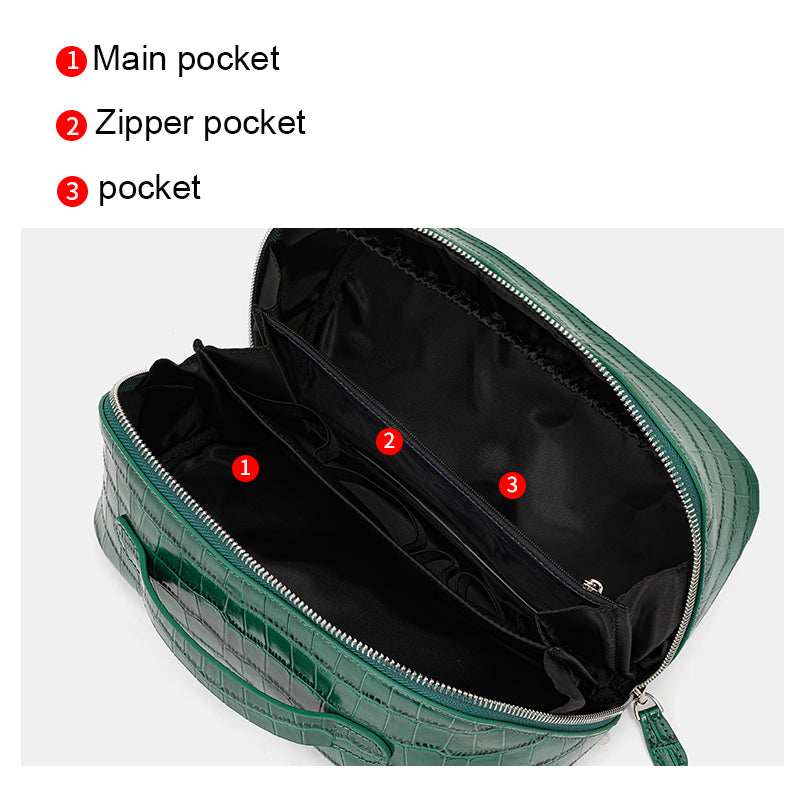 Genuine Cowhide Womens Cosmetic Bag,Crocodile Embossed Rounded Structured Handheld Large Capacity Multi Compartment Travel Toiletry Pouch