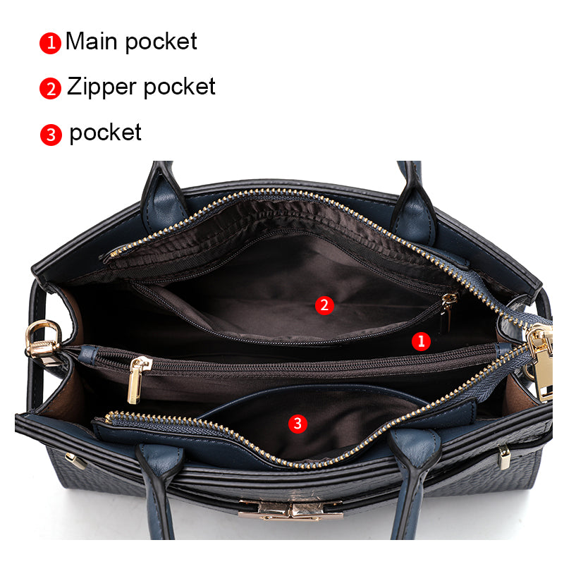 Genuine Cowhide Crocodile Embossed Womens Structured Handbag,Detachable Leather Shoulder Strap Multi Compartment Bag With Decorative Silk Scarf