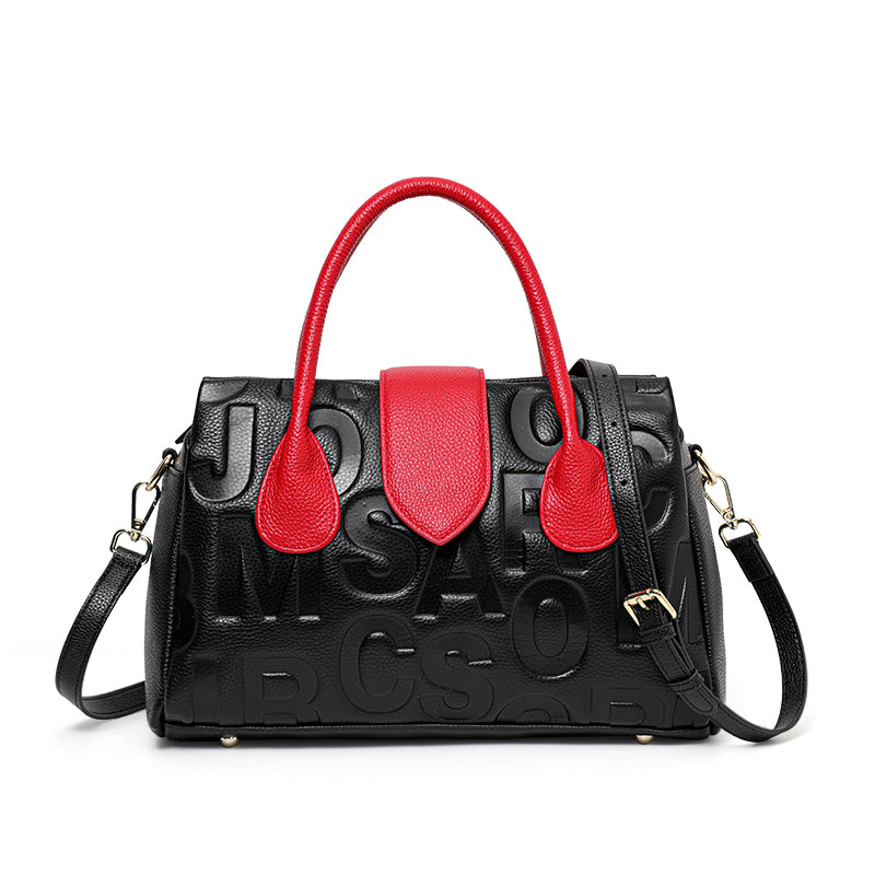 Genuine Cowhide Embossed Letter Color Block Womens Structured Pillow Handbag,Pebbled Multi Compartment Adjustable Crossbody Shoulder Bag