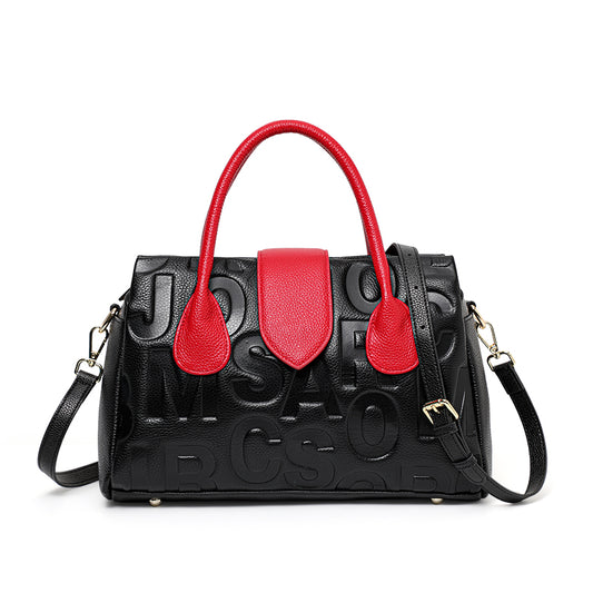 Genuine Cowhide Embossed Letter Color Block Womens Structured Pillow Handbag,Pebbled Multi Compartment Adjustable Crossbody Shoulder Bag