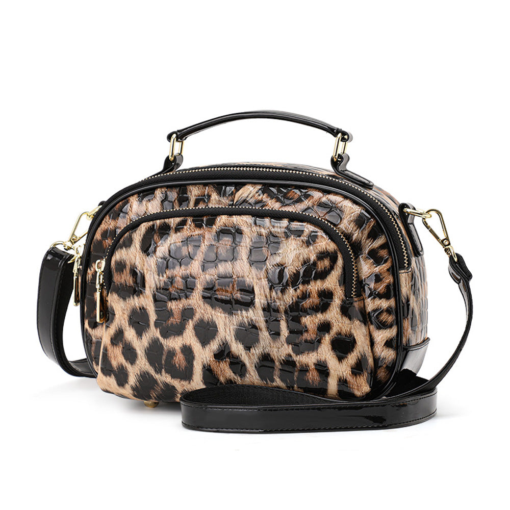 Top Layer Cowhide Women Crossbody Bag,Glossy Croc Leopard Print Oval Camera Bag Wide Adjustable Strap Multi Pocket