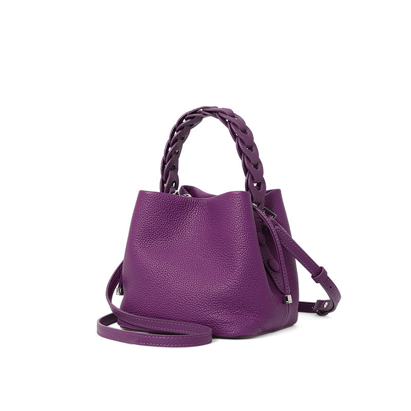 Genuine Cowhide Womens Mini Bucket Bag,Braided Handle Drawstring Crossbody Purse,Pebbled Leather Portable Daily Storage Pouch