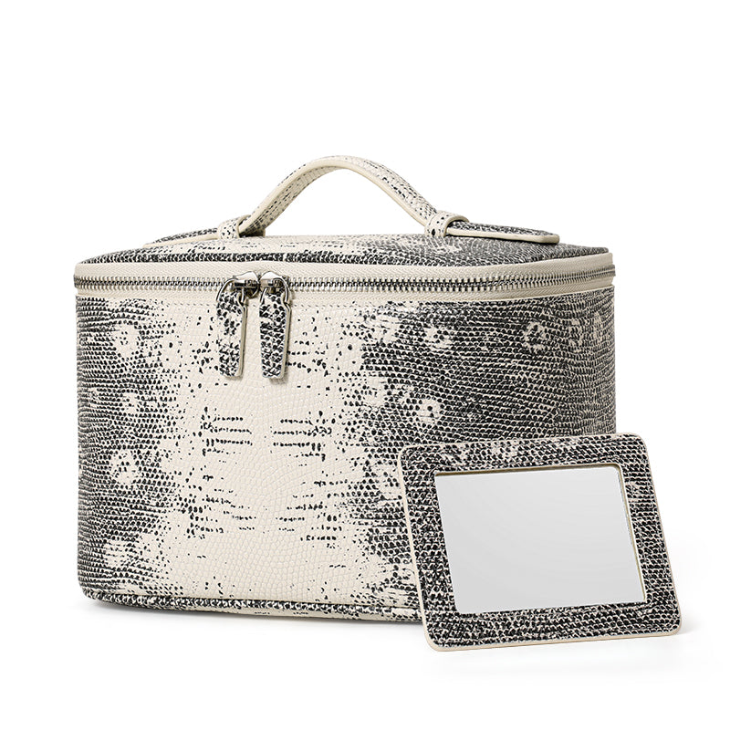 Genuine Cowhide Womens Makeup Case,Snake Print Handheld Cosmetic Organizer,Large Capacity Portable Travel Wash Bag