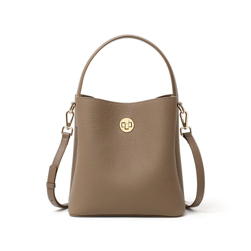 Genuine Cowhide Lightweight Bucket Handbag,Detachable Wide Narrow Straps Twist Lock Simple Everyday Womens Handheld Shoulder Crossbody Bag
