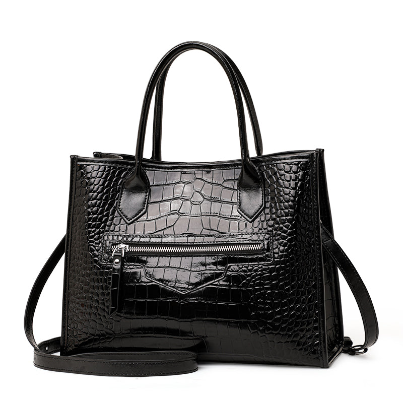 Genuine Cowhide,Glossy Crocodile Grain,Vertical Tote Bag,Women Convertible Work Bag,Hand Carry,Cross Shoulder Carry,Office Commute,Business Trip