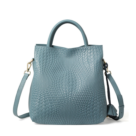 Genuine Cowhide Womens Woven Tote Handbag,Multi Color Vertical Shoulder Purse,Detachable Crossbody Strap Large Capacity Daily Bag