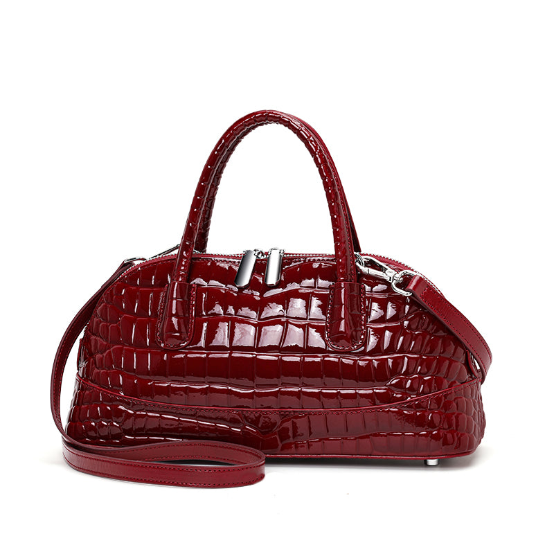 Genuine Cowhide Womens Handheld Crossbody Bag,Glossy Crocodile Embossed Shell Purse,Detachable Strap Vintage Evening Handbag