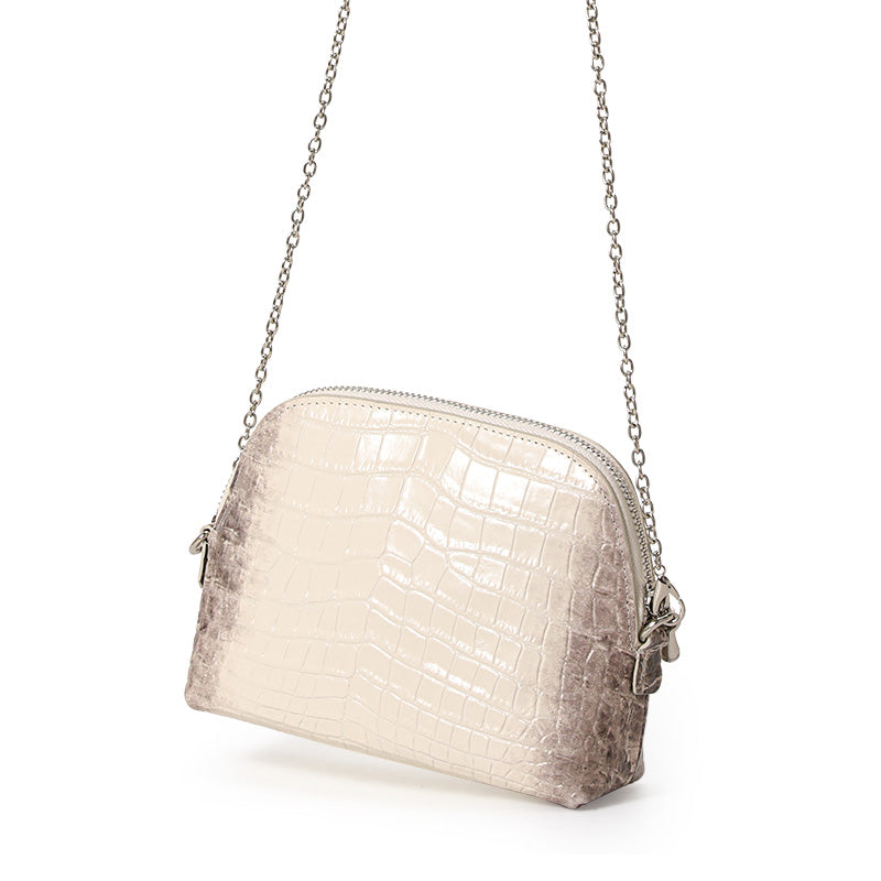Genuine Cowhide Womens Crossbody Bag,Ombre Crocodile Embossed Shell Purse,Zipper Pocket Detachable Chain Shoulder Bag