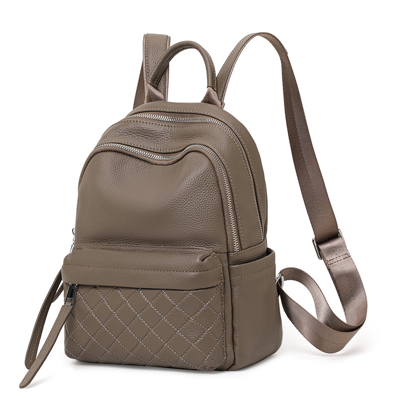 Genuine Cowhide Womens Backpack,Pebbled Quilted Multi Pocket Rucksack,Adjustable Wide Strap Anti Theft Travel Daypack