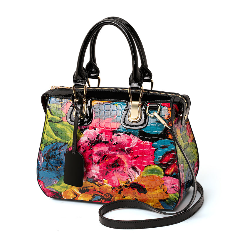 Genuine Cowhide,Glossy Floral Crocodile Grain,Top Handle Satchel Bag,Vintage Women Convertible Handbag,Hand Carry,Cross Shoulder Carry,Daily Commute,Short Travel