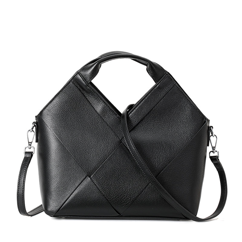 Genuine Cowhide Womens Handheld Tote Bag,Pebbled Diamond Woven Shoulder Purse,Black Large Capacity Business Commute Handbag