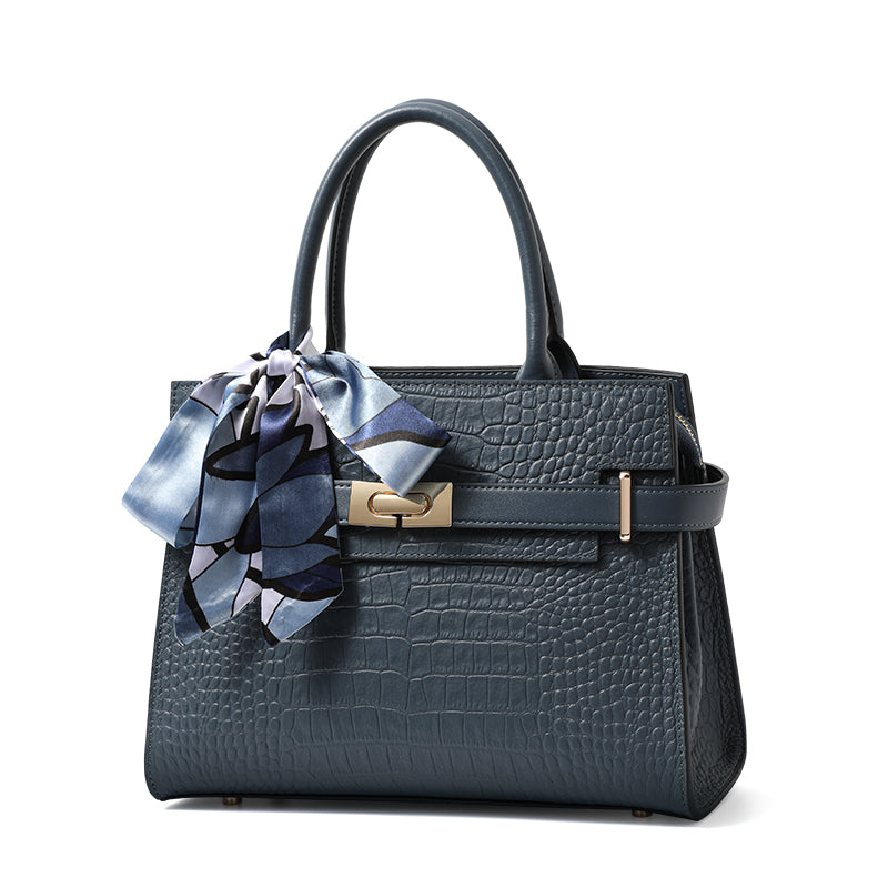 Genuine Cowhide Crocodile Embossed Womens Structured Handbag,Detachable Leather Shoulder Strap Multi Compartment Bag With Decorative Silk Scarf