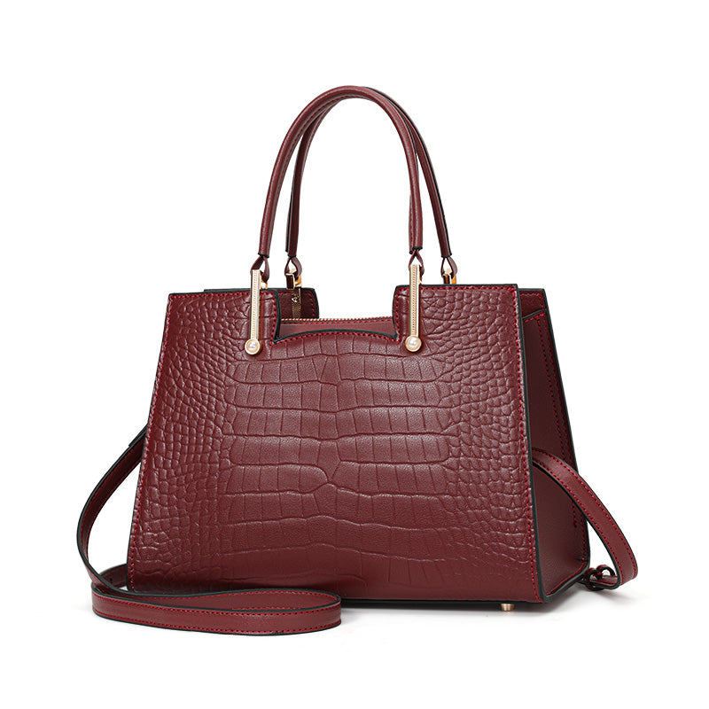 Genuine Cowhide Women Tote Bag,Crocodile Grain Trapezoid Handbag Detachable Crossbody Strap Multi Inner Pockets