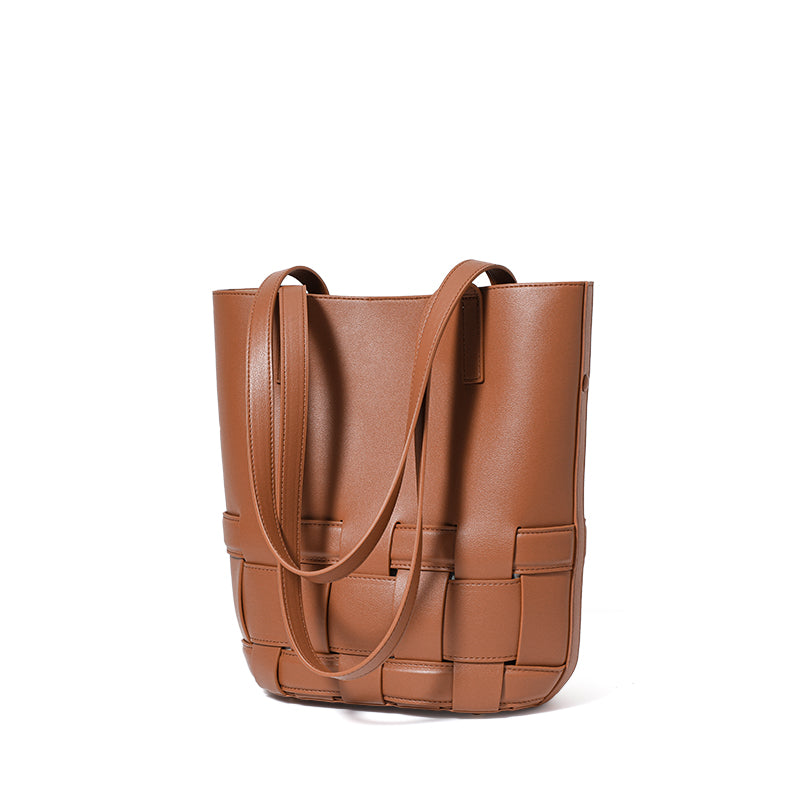 Genuine Cowhide Vertical Woven Bucket Tote Handbag,Detachable Zipper Storage Pouch Multi Layer Pocket Magnetic Snap Womens Daily Commute Shoulder Purse