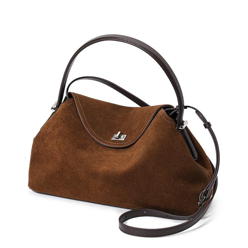 Genuine Cowhide Womens Bag,Suede Flap Hobo Underarm Handbag,Multi Pocket Vintage Daily Shoulder Purse