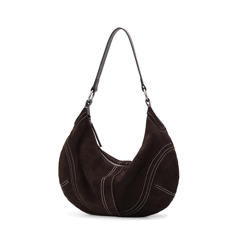 Genuine Suede Cowhide Womens Crescent Hobo Bag,Handheld Underarm Purse,Adjustable Strap Coffee Shoulder Bag