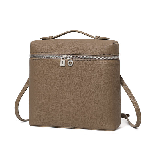 Genuine Cowhide Women's Backpack, Pebbled Grain Square Box Handbag, Detachable Adjustable Shoulder Straps, Multiple Inner Storage Pockets