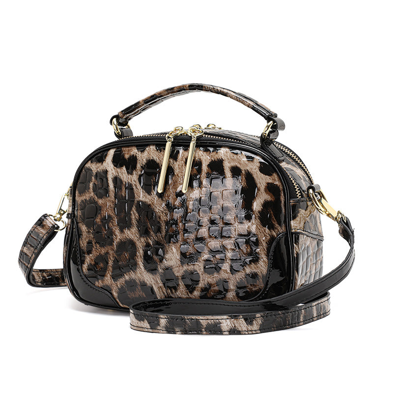 Top Layer Cowhide Women Crossbody Bag,Glossy Croc Leopard Print Mini Oval Camera Bag Adjustable Strap Multi Pocket