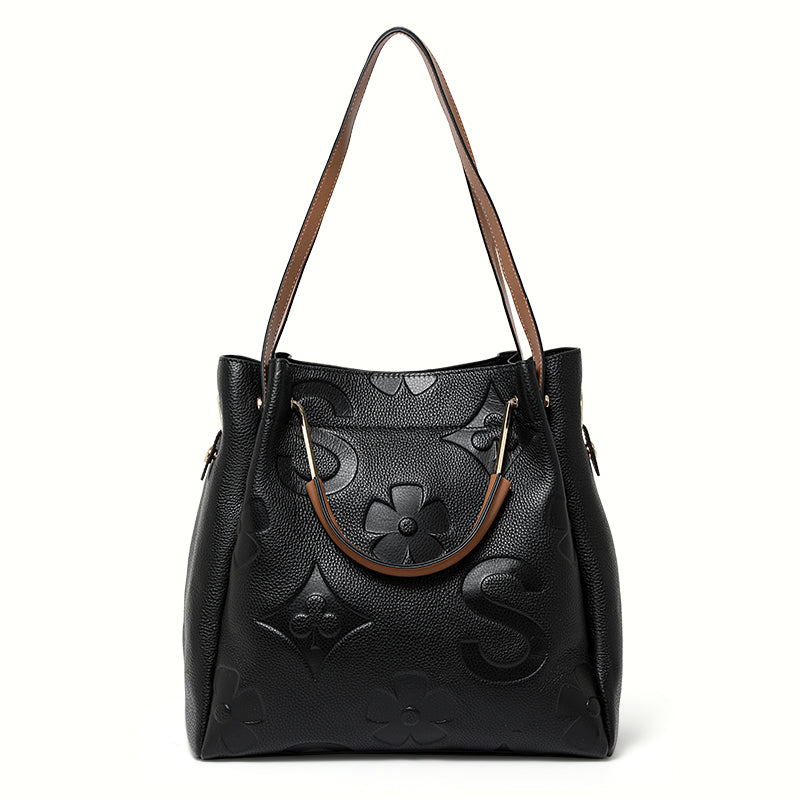 Genuine Cowhide Embossed Floral Large Soft Tote Handbag Women Detachable Wide Shoulder Strap Multi Pocket Daily Commute Travel Bag With Matching Pouch
