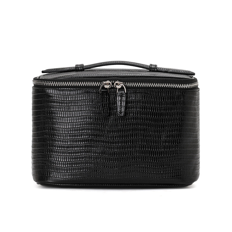 Genuine Cowhide Womens Cosmetic Case,Lizard Embossed Structured Handheld Large Capacity Multi Compartment Travel Toiletry Organizer
