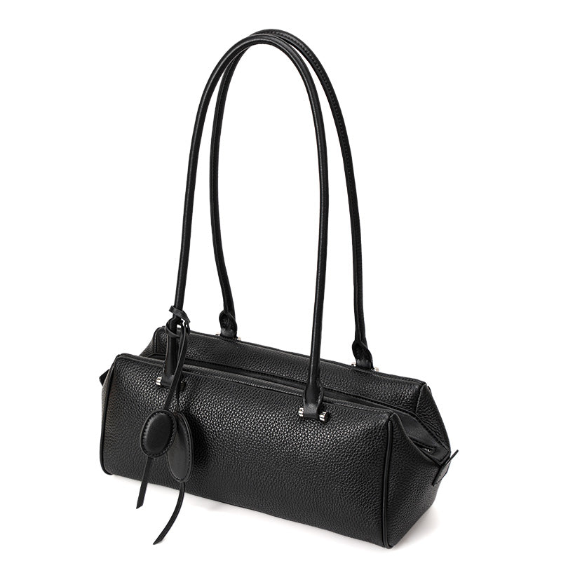 Genuine Cowhide Pebbled Leather Womens Underarm Handbag,Long Cylinder Multi Pocket Minimalist Daily Commute Street Fashion Shoulder Purse