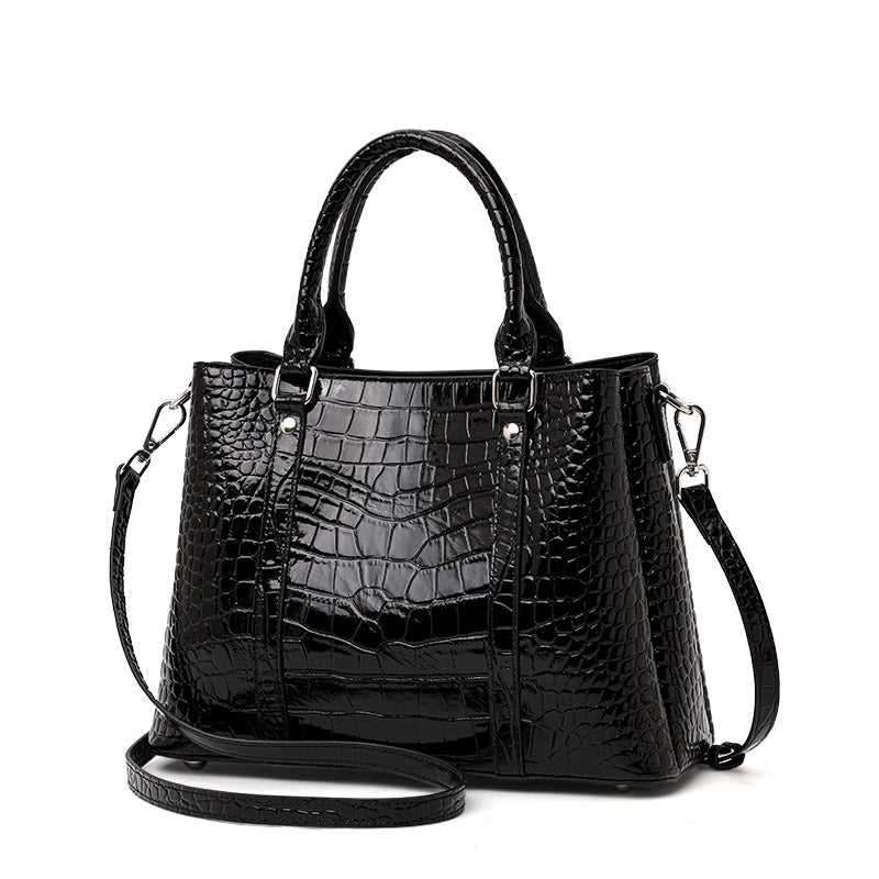Top Layer Cowhide Women Tote Bag,Glossy Crocodile Embossed Trapezoid Handbag Detachable Shoulder Strap Multi Compartment