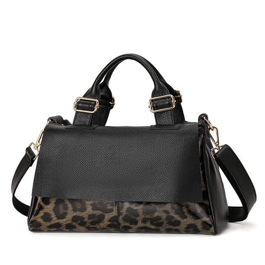 Genuine Cowhide Women's Shoulder Bag, Pebble Leopard Grain Flap Pillow Handbag, Adjustable Strap, Multi-Layer Inner Pockets