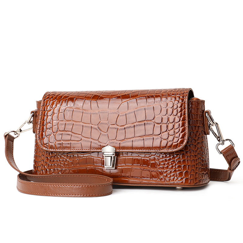 Genuine Cowhide,Glossy Crocodile Grain,Flap Underarm Bag,Vintage Adjustable Crossbody Bag,Single Cross Carry,Daily Leisure Travel
