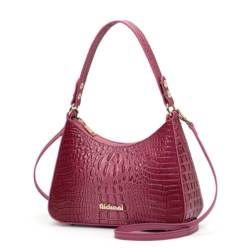 Genuine Cowhide Womens Shoulder Underarm Bag,Matte Crocodile Embossed Crescent Purse,Adjustable Strap Daily Commute Handbag