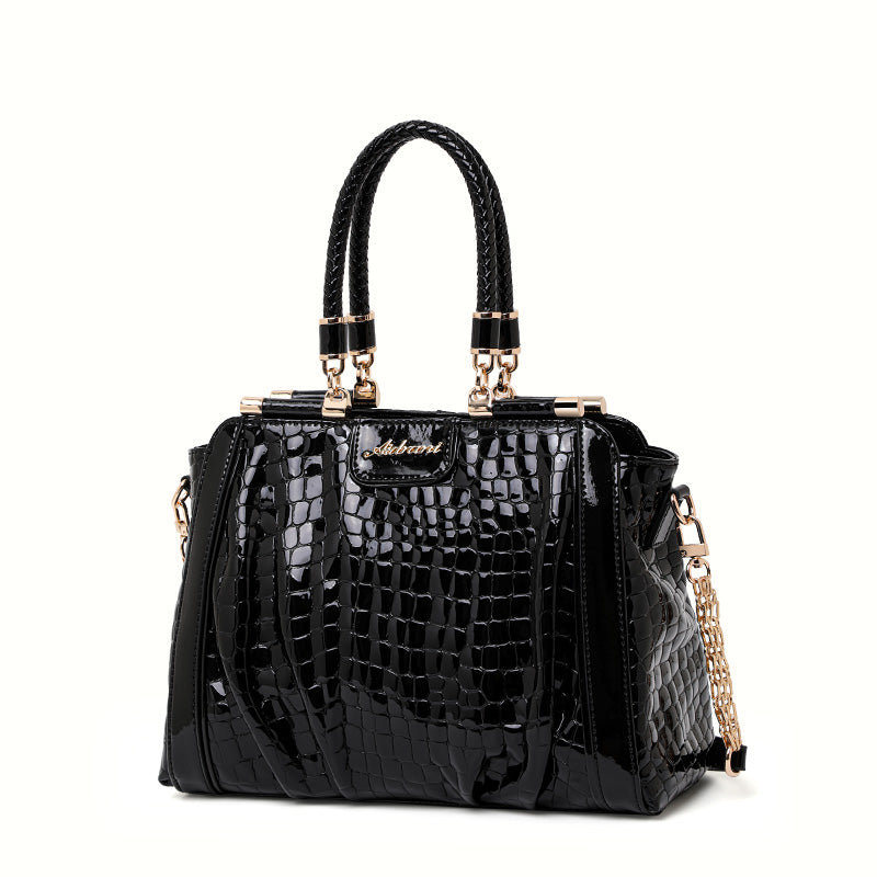 Genuine Cowhide Glossy Crocodile Embossed Womens Doctor Handbag,Black Multi Compartment Detachable Chain Single Shoulder Bag