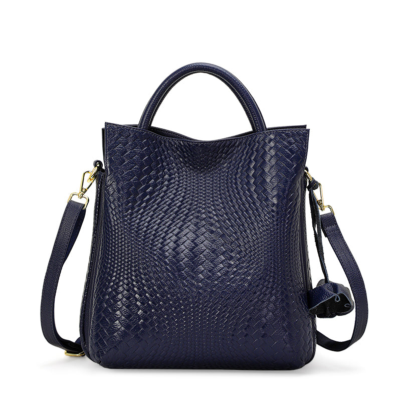 Genuine Cowhide Womens Woven Tote Handbag,Multi Color Vertical Shoulder Purse,Detachable Crossbody Strap Large Capacity Daily Bag