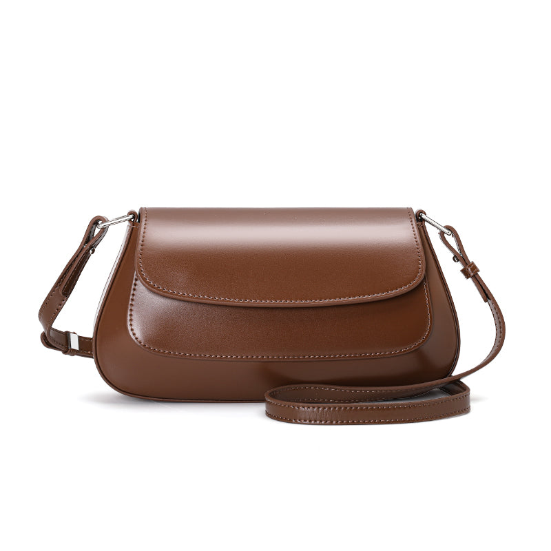 Genuine Cowhide Womens Underarm Crossbody Bag,Glossy Plain Leather Flap Long Purse,Adjustable Strap Vintage Commute Handbag