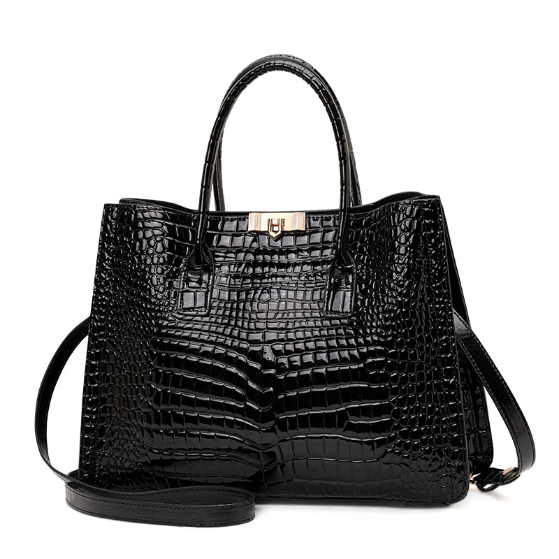 Genuine Cowhide Womens Tote Bag,Gloss Crocodile Embossed Structured Handbag,Detachable Strap Large Capacity Office Crossbody Purse
