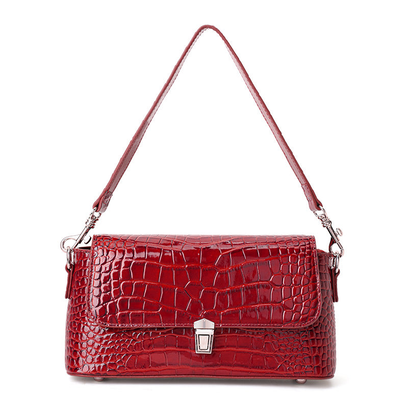 Genuine Cowhide,Glossy Crocodile Grain,Flap Underarm Bag,Vintage Adjustable Crossbody Bag,Single Cross Carry,Daily Leisure Travel