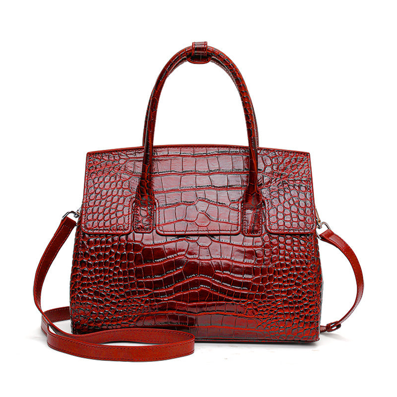 Genuine Cowhide Women Tote Bag,Glossy Crocodile Grain Structured Trapezoid Handbag Multi Compartment Internal Storage Pockets