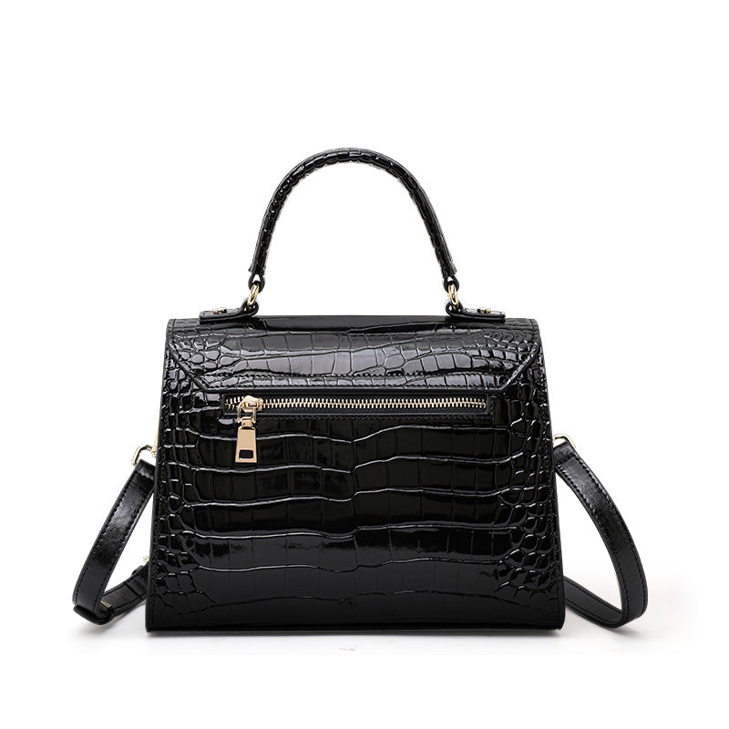 Genuine Cowhide Glossy Crocodile Embossed Flap Handbag,Detachable Crossbody Strap Twist Lock Multi Compartment Womens Two Way Carry Square Purse