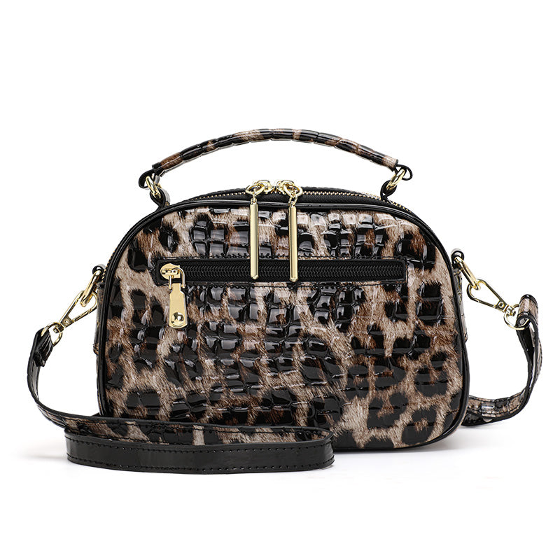 Top Layer Cowhide Women Crossbody Bag,Glossy Croc Leopard Print Mini Oval Camera Bag Adjustable Strap Multi Pocket