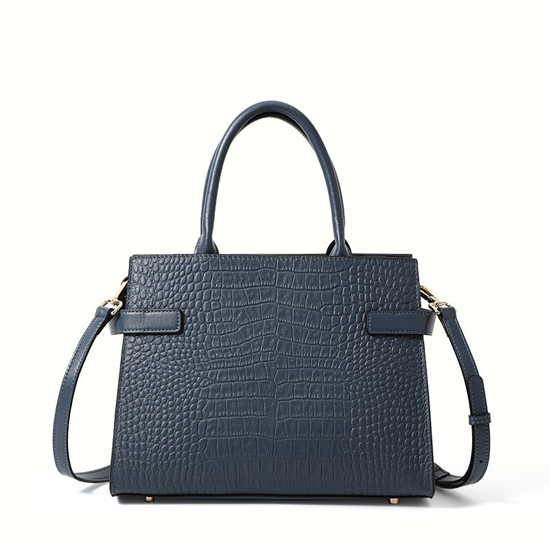 Genuine Cowhide Crocodile Embossed Womens Structured Handbag,Detachable Leather Shoulder Strap Multi Compartment Bag With Decorative Silk Scarf